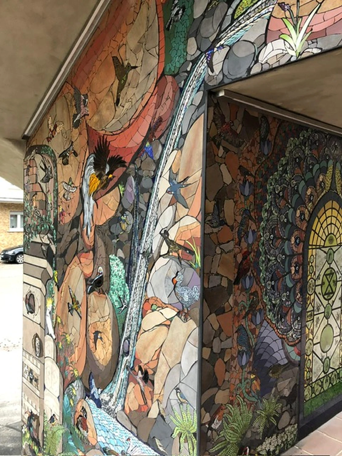 Natlie Ann Löffler, mosaic art of birds in garden